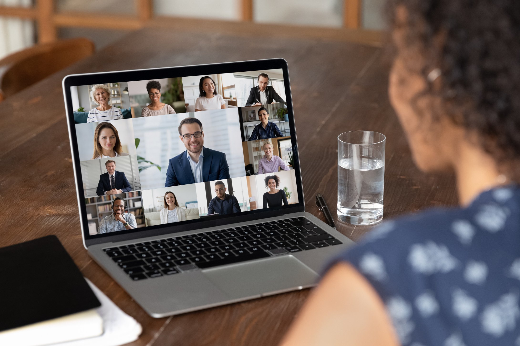 African american woman holding video conference web camera call.